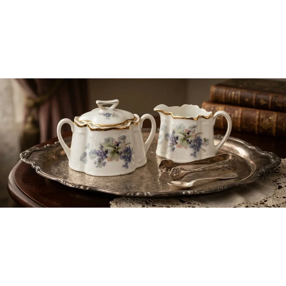 Antique ZS & Co Bavaria Porcelain Sugar Bowl and Creamer Set Gilt Grapes c. 1900